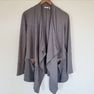 Logo Lori Goldstein French Terry Cardigan Faux Suede Pockets Gray Size XS